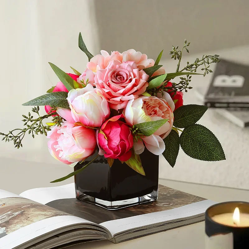 Artificial flower hotel conference room desktop decoration ornament rose fake flower set living room dining table green plant