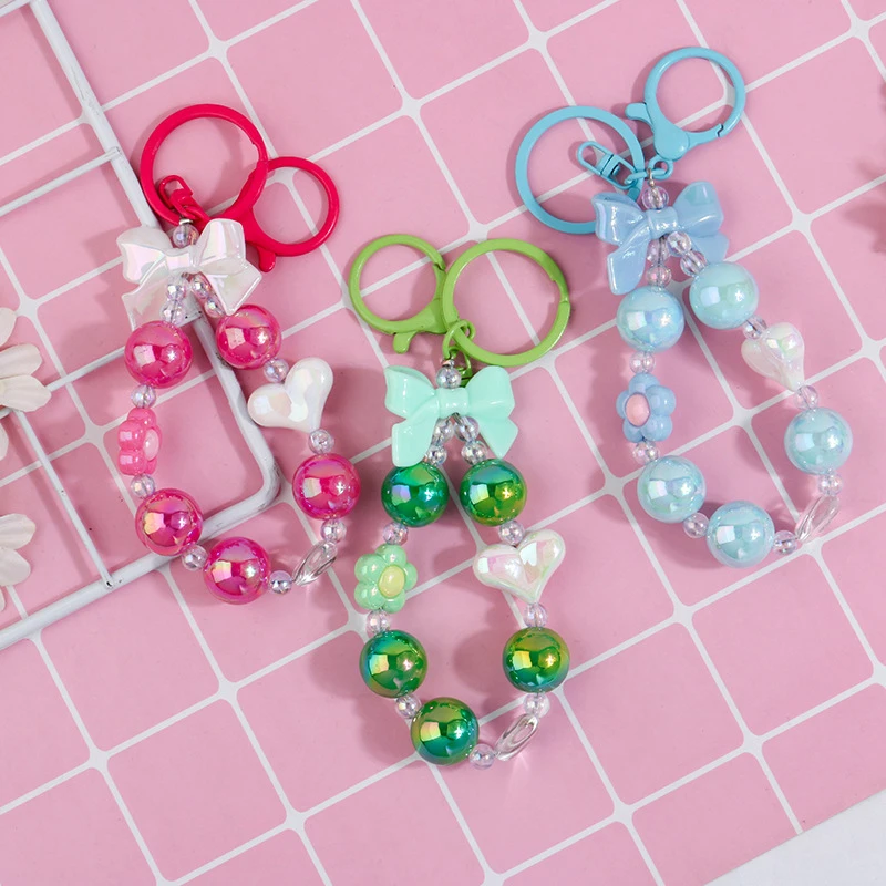 Sweet Colorful Bow Beaded Keychain Bag Pendant Phone Earphone Case Decoration Accessories Fashion Bowknot Bead Keyring Gifts