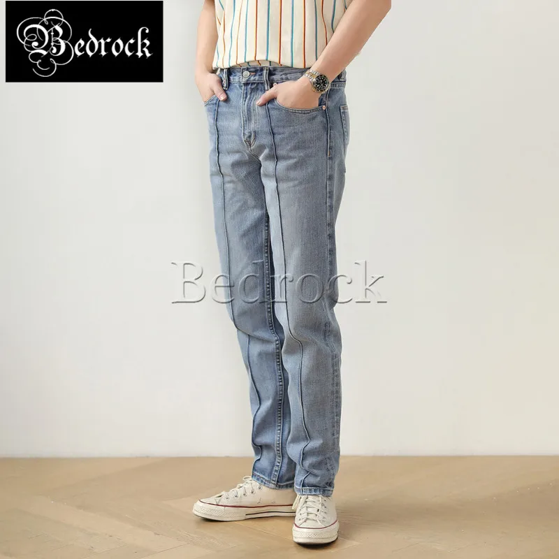 MBBCAR Mens Jeans Selvedge Denim 14oz One Washed Vintage Slim Fit Pencil Pants Light Blue 100 Cotton Whiskers Distressed Jeans