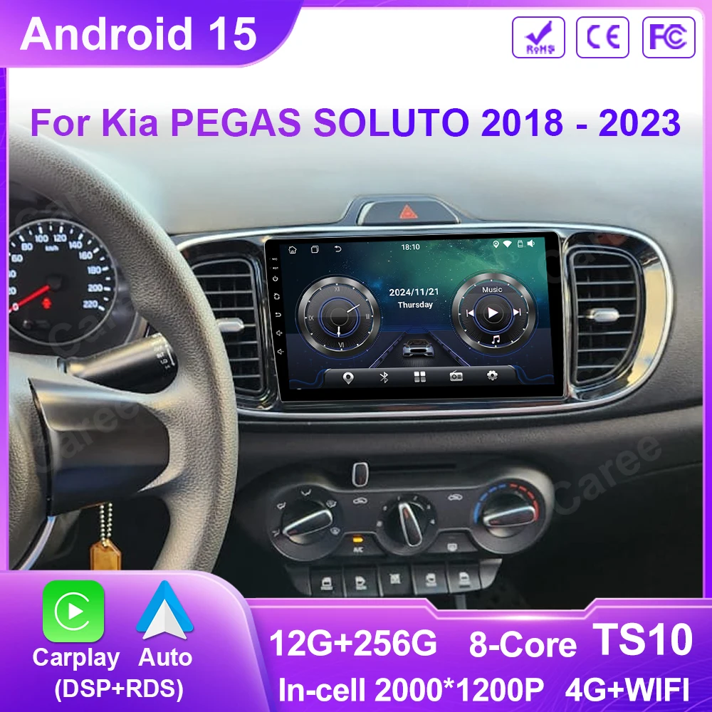 For Kia PEGAS SOLUTO 2018 - 2023 Carplay Android 15 autoradio lettore Video multimediale navigazione GPS TV WiFi 4G No 2Din DVD