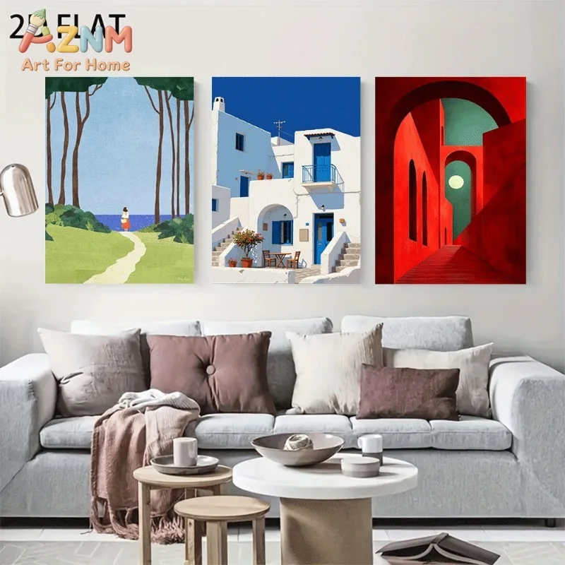 Boho Mediterranean Architecture Canvas Wall Art 3pcs Seaside Forest White House Red Arch Moon Scene Unframed Canvas Print For Li