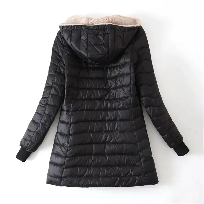 2024 Winter Mid-Length Hooded Cotton Jacket Women Autumn Lightweight Plush Lining Solid Ladies Parka Loose Female Zipper Outwear