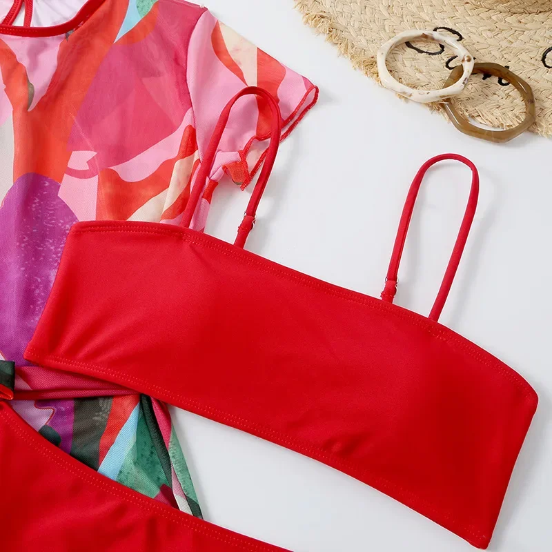 Maillot de bain 3 pièces imprimé rouge pour femmes, Cover-up conservateur, ensemble deux pièces, bretelles, dos nu, vêtements de plage, nouvelle collection été 2025