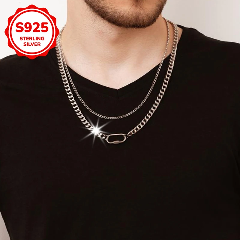 925 sterling silver double-layered oval geometric sweater chain men's necklace, fashionable and exquisite jewelry gift for men