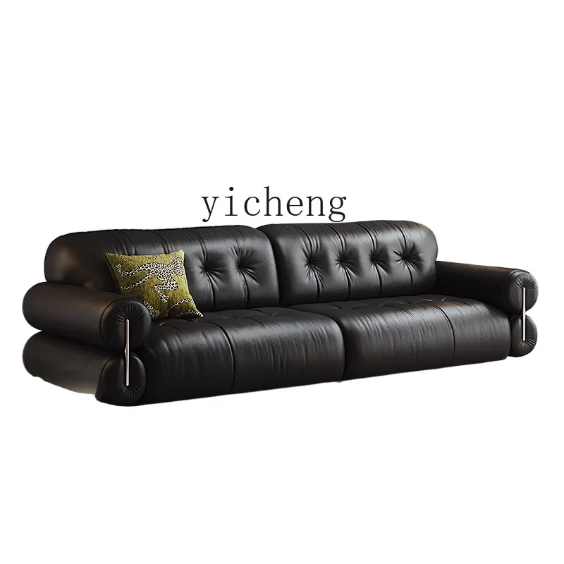 

ZC retro leather sofa big black cow medium antique black first layer cowhide living room straight row cloud sofa