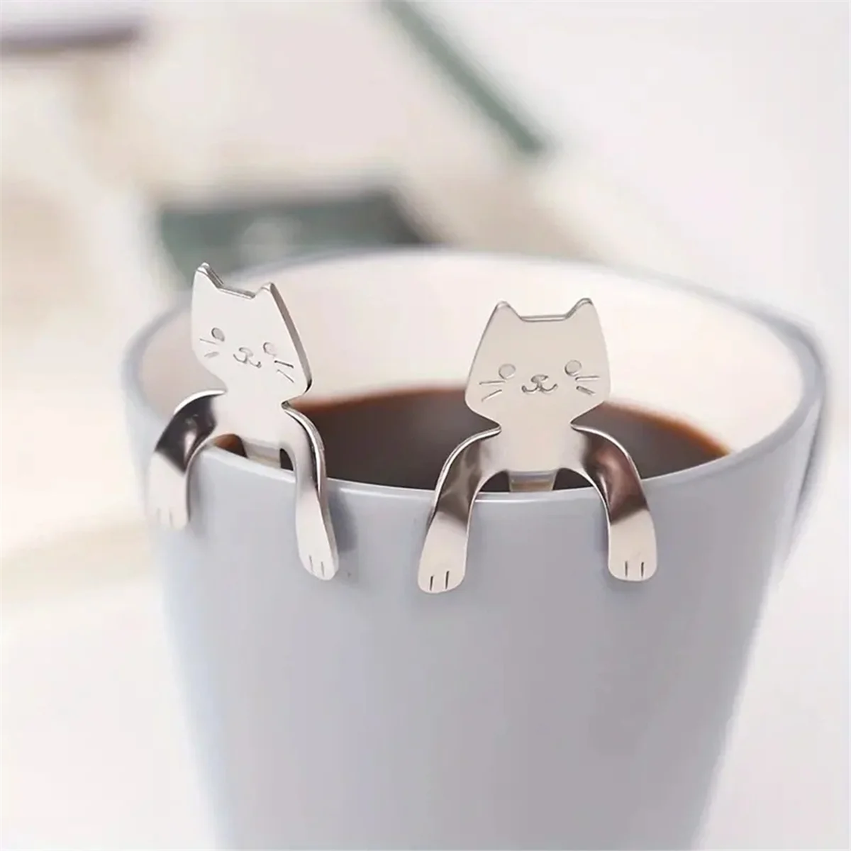 ABIY 10Pc Stainless Steel Cat Coffee Spoons Mini Cute Cat Modeling Teaspoon Ice Cream Dessert Spoon Kitchen Tableware Gadgets