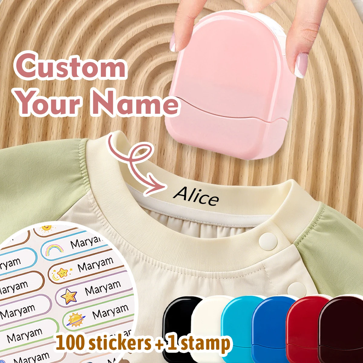 1pc Custom Name Semicircle Signature Stamp +100 Stickers, Back To School Supplies, DIY Customized Self Inking Name Stamp,