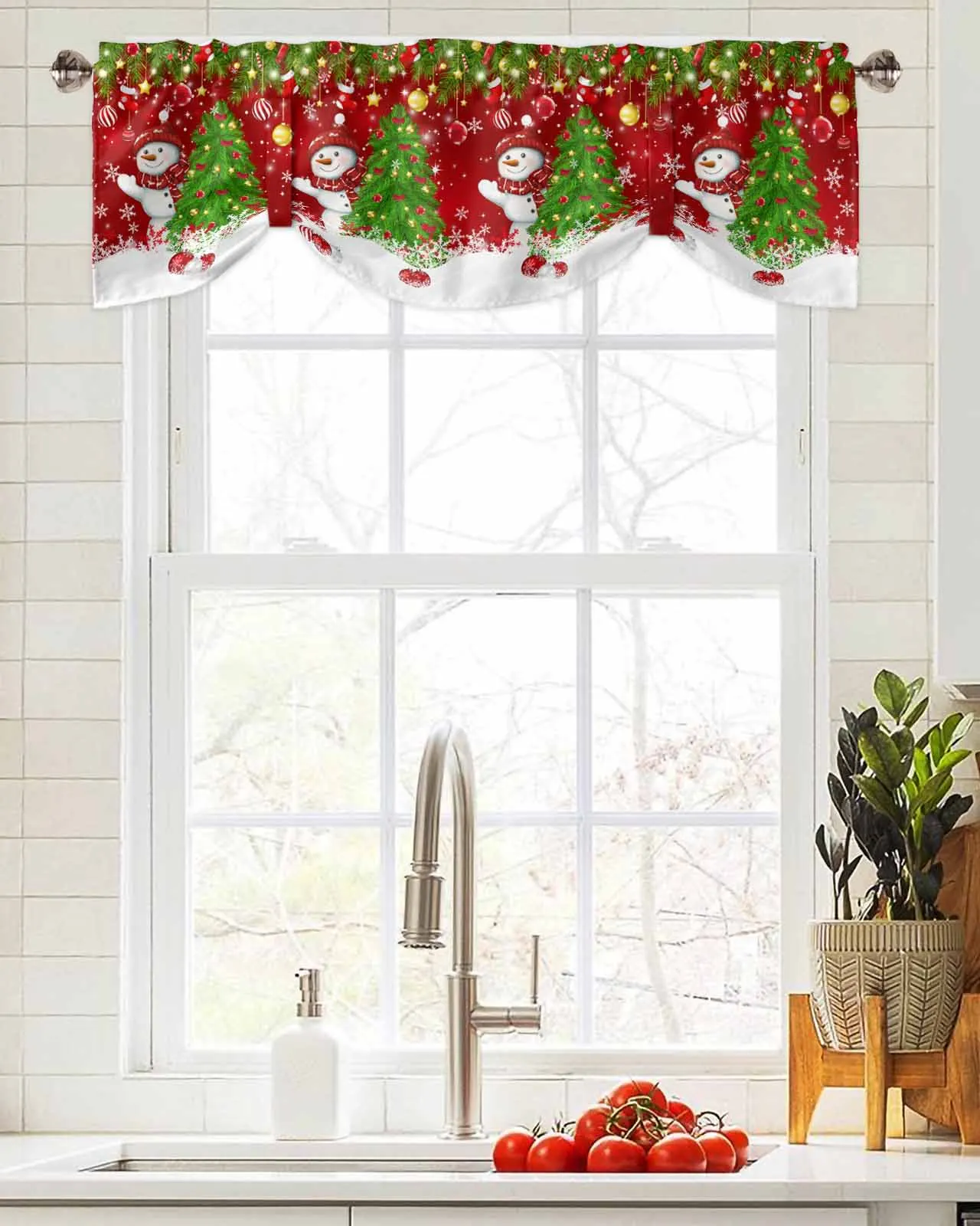 Christmas Snowman Pine Branch Socks Candy Window Curtain Living Room Kitchen Cabinet Tie-up Valance Curtain Rod Pocket Valance