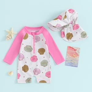 Long -sleeved zipper facts for children with floral and tropical print with hat, children's swimwear, summer, girls, boys 12 Main Sales Bathrooms Children's Girl - №7