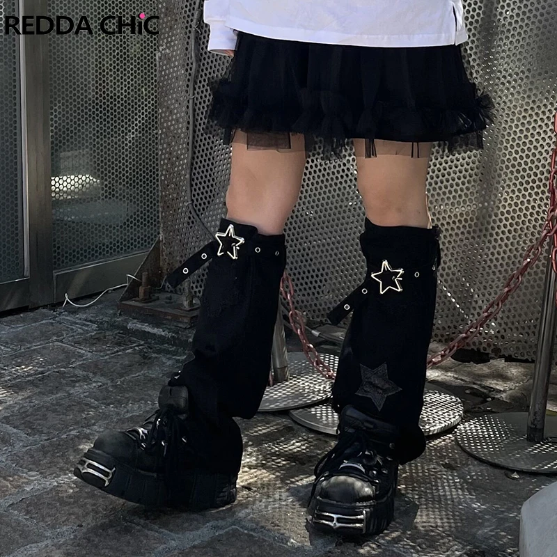 ReddaChic Glitter Star Y2k Women Boots Covers Y2k Retro Black Patchwork Japanese Knee Long Socks Denim Leg Warmers Acubi Fashion