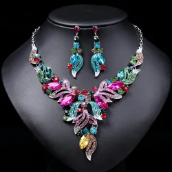 Gorgeous Colorful Crystal Drop Lucky Necklace Earring Sets Wedding Woman's Bridal Party Gift