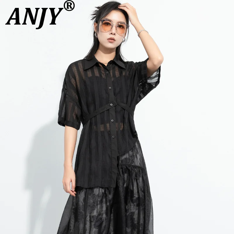 

ANJY Summer New Women Asymmetrical Fashion Versatile Pleated Textured Short Sleeve Shirt Stylish Trend Ins Striped Blouse A21478