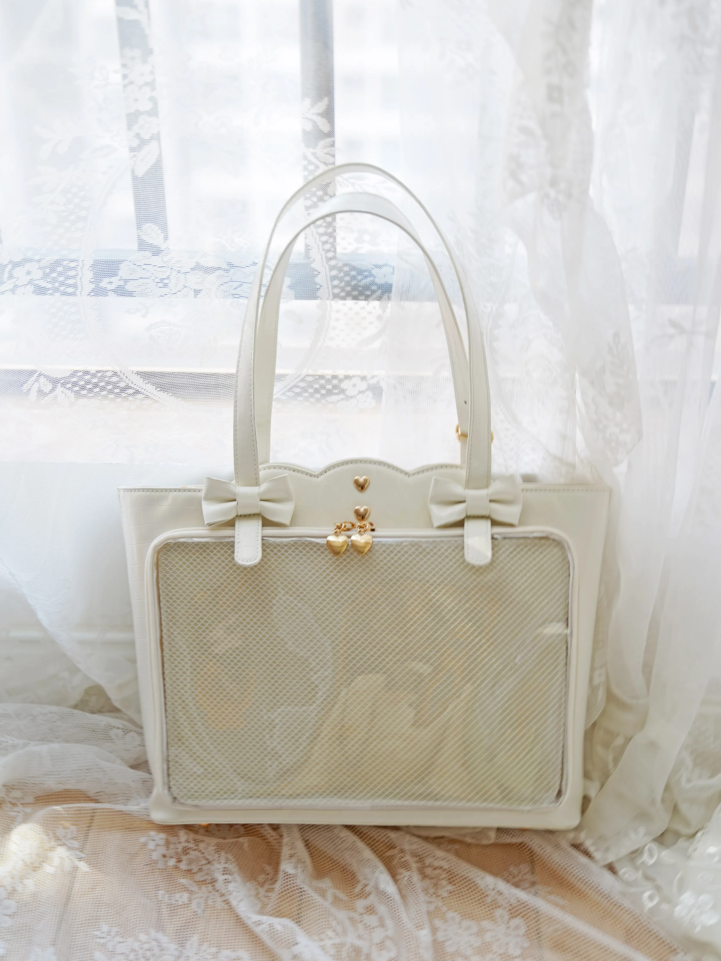 Cute Bow Ita Shoulder Bag for Women Reflective Embroidered Badge Display Tote Bag Girls Lolita Lace Clear Window Messenger Bag