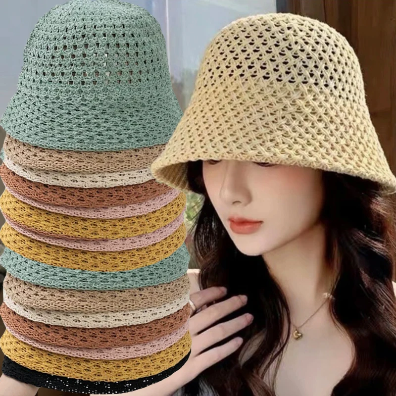 

Summer Bucket Hats for Women Girls Vacation Beach Foldable Handmade Panama Straw Dome Weave Fisherman Hat Casual Sunscreen Hat