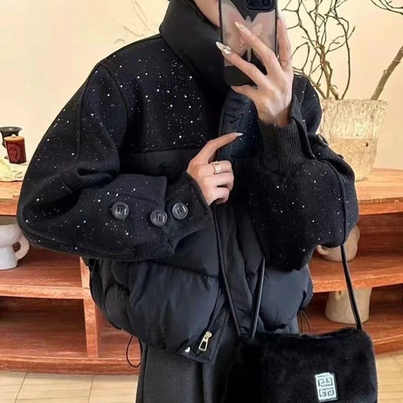 Design Sense Korean Style Shiny Patchwork Jacket For Women 2025 Winter New Down Cotton Thickened Warm Coat