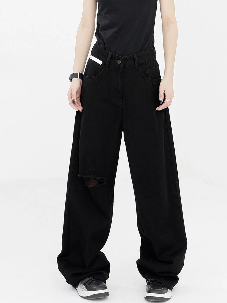 العصرية عالية الخصر واسعة الساق الحرير الدنيم الجينز المرأة رقيقة الصيف شارع العليا الحرير الجليد ممزق الجينز شعور رائع السراويل الطويلة