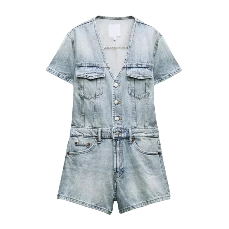 

Summer New Women's V-ne ort Sve Button ket Slim-fit Denim Waist-cinching ort One-piece Overall High-waist orts