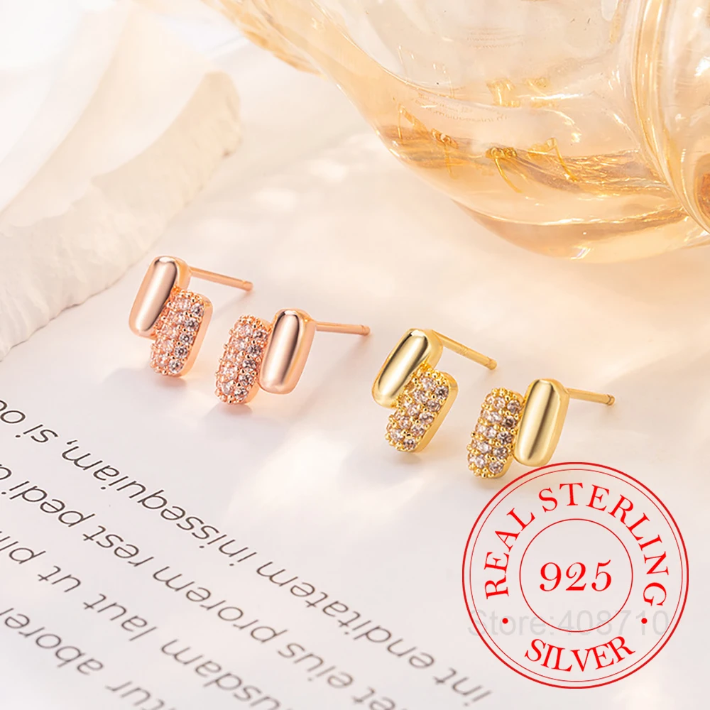 925 Sterling Silver Jewelry Crystal Golden Parallel Lines Stud Earrings For Women Wedding Party Jewelry For Girls Friend Gift