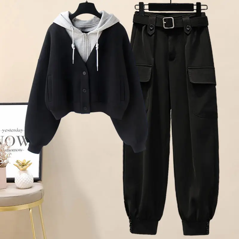 

Women's Spring Autumn New Loose Tracksuit Matching Set Korean Elegant Fake Two-piece Hooded Sweatshirt Jacket+Cargo Pants Suit