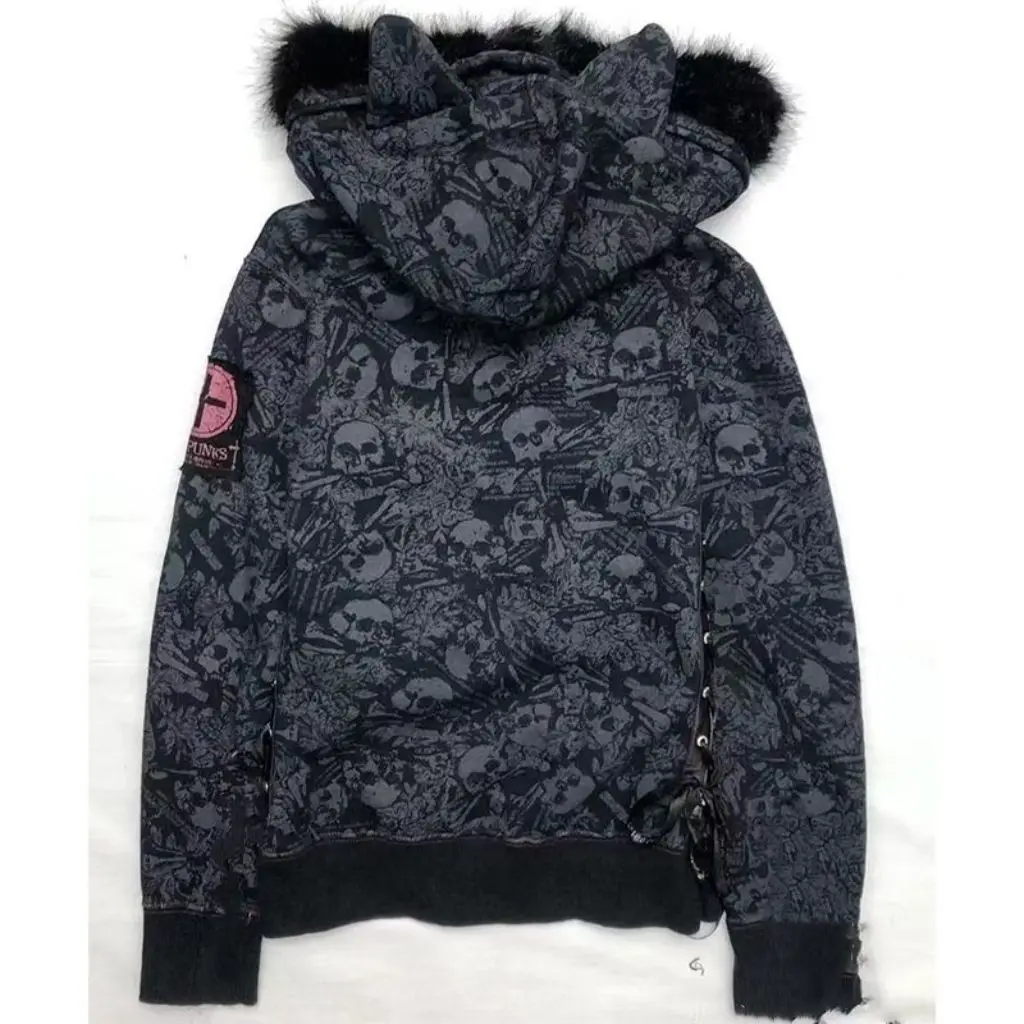 American Trendy Subculture Skull Printed Punk Zip Up Hoodie Autumn Winter Fur Collar Patchwork Hottie Streetwear Gothic Coat