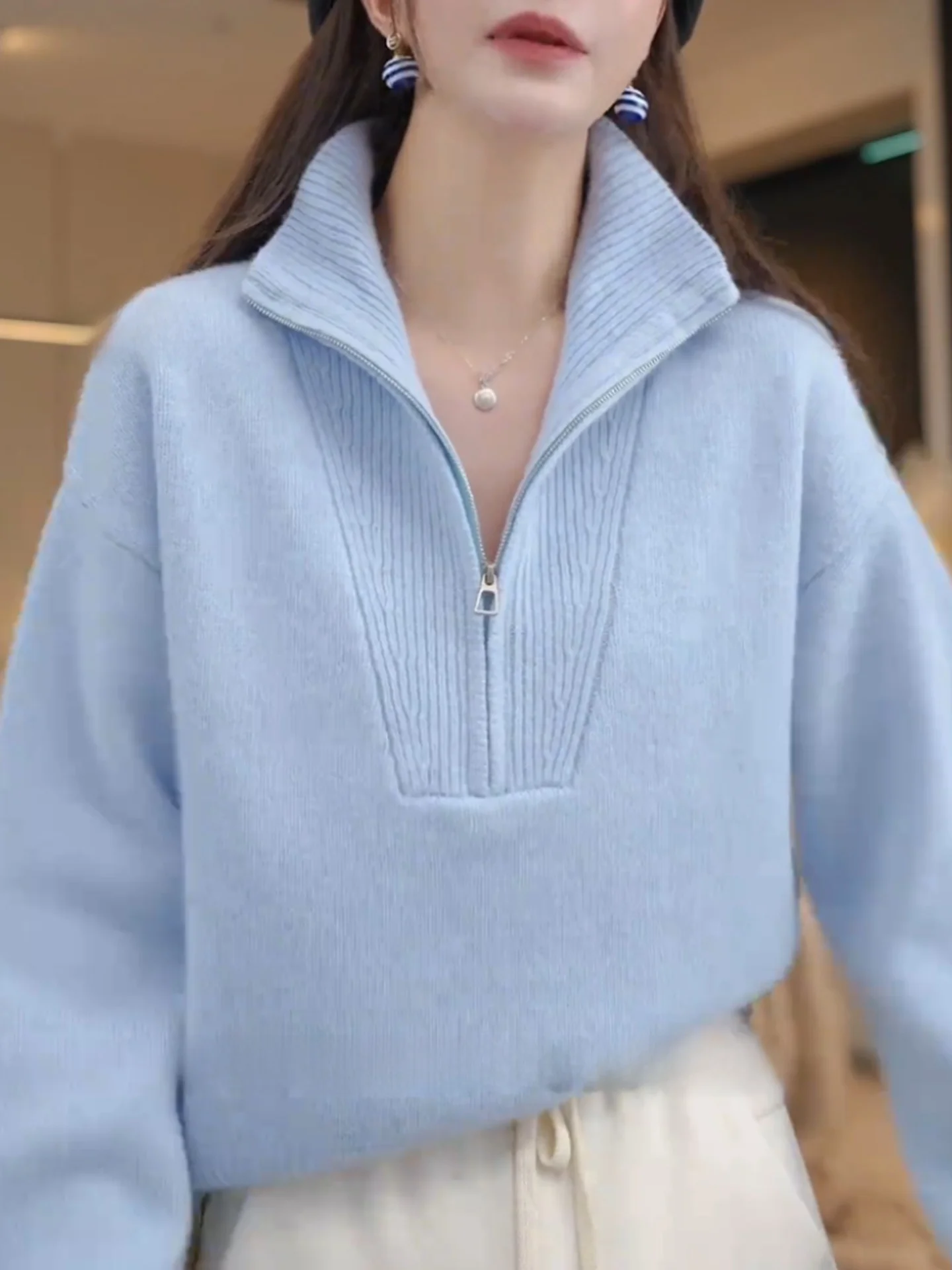 

Thiened простой дизайн, длинный вязаный свитер свера, повседневный свободный топ с воротником на молнии, зимняя модная женская одежда