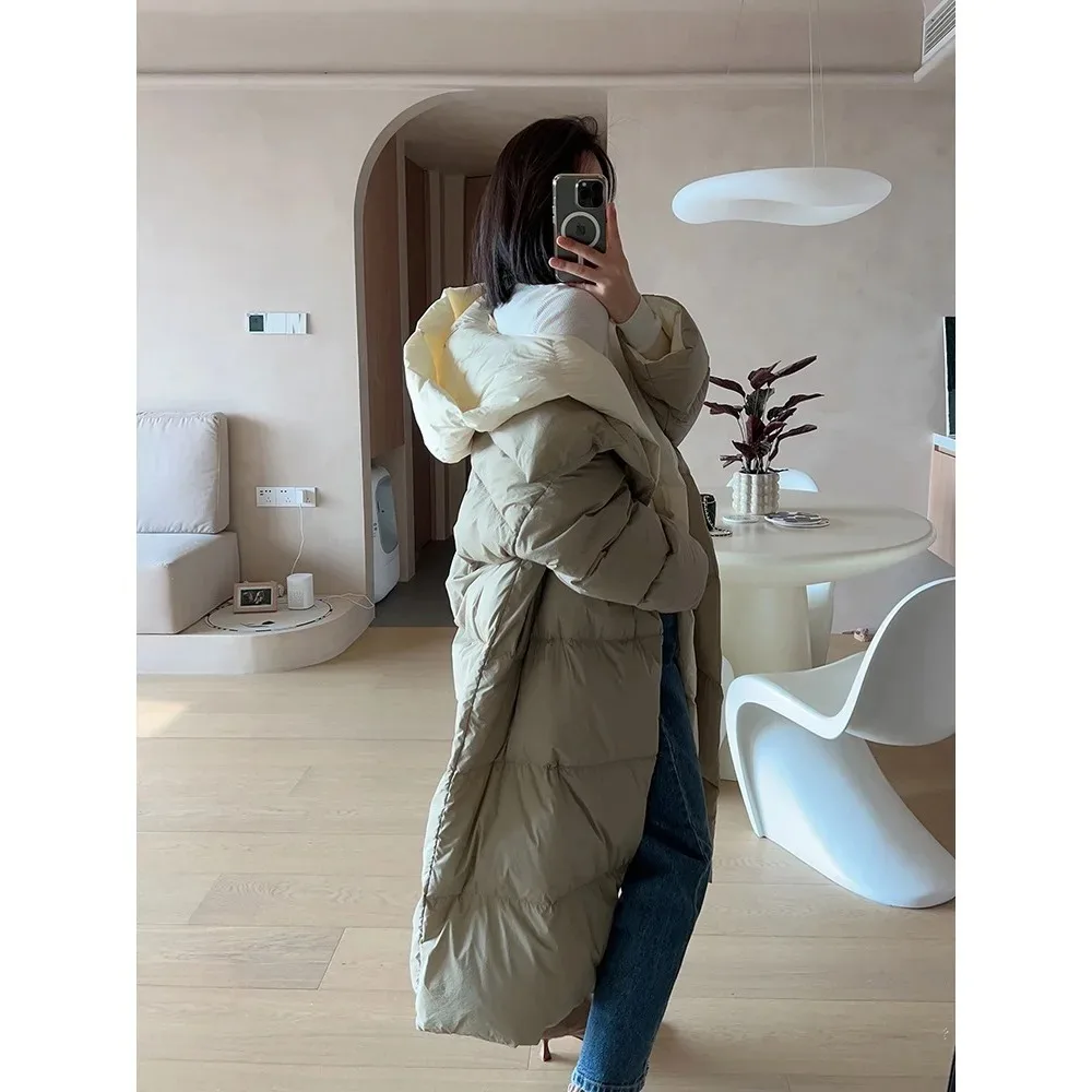 Fluffy White Duck Down Jacket Women Winter Thickness Warm Long Puffer Coat Hooded Female Fashion Fake Two-piece Parkas