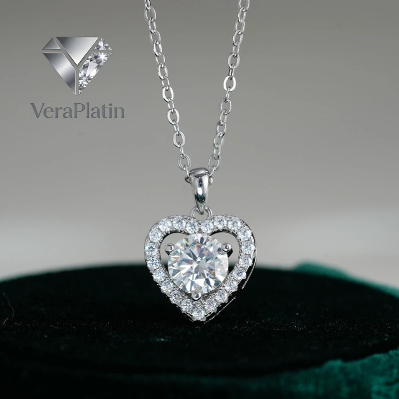 

VeraPlatin Women Valentine's Day 18K White Gold Wedding Necklaces 1CT Moissanite Diamond Heart Pendant Girl Birthday PT950 Chris