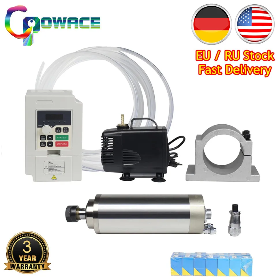 【EU/US Stock】Waterproof 2.2KW Water Cooled Spindle+ 220V/110V Inverter + 80mm Clamp +80W Pump/5m Pipe +14pcs ER20 for CNC Router