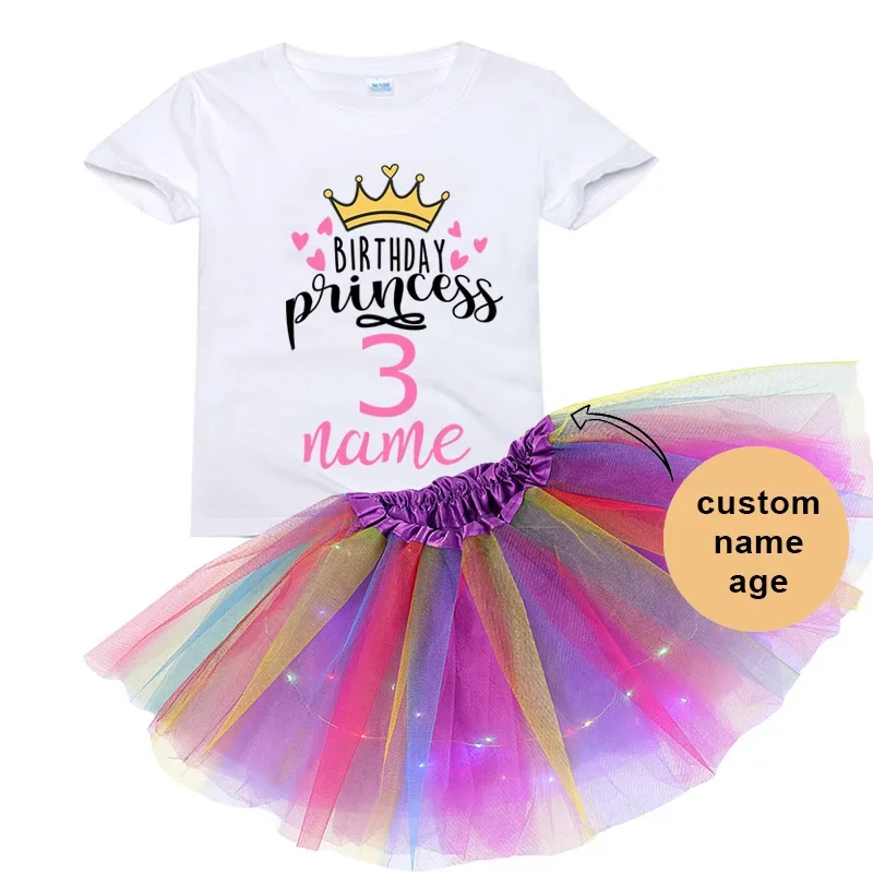 2024 Birthday Princess Party T Shirt Set Girl Birthday Outfits Tutu Dress Princess Set Dress + T Shirt 2-9 Years Luminous Skirt