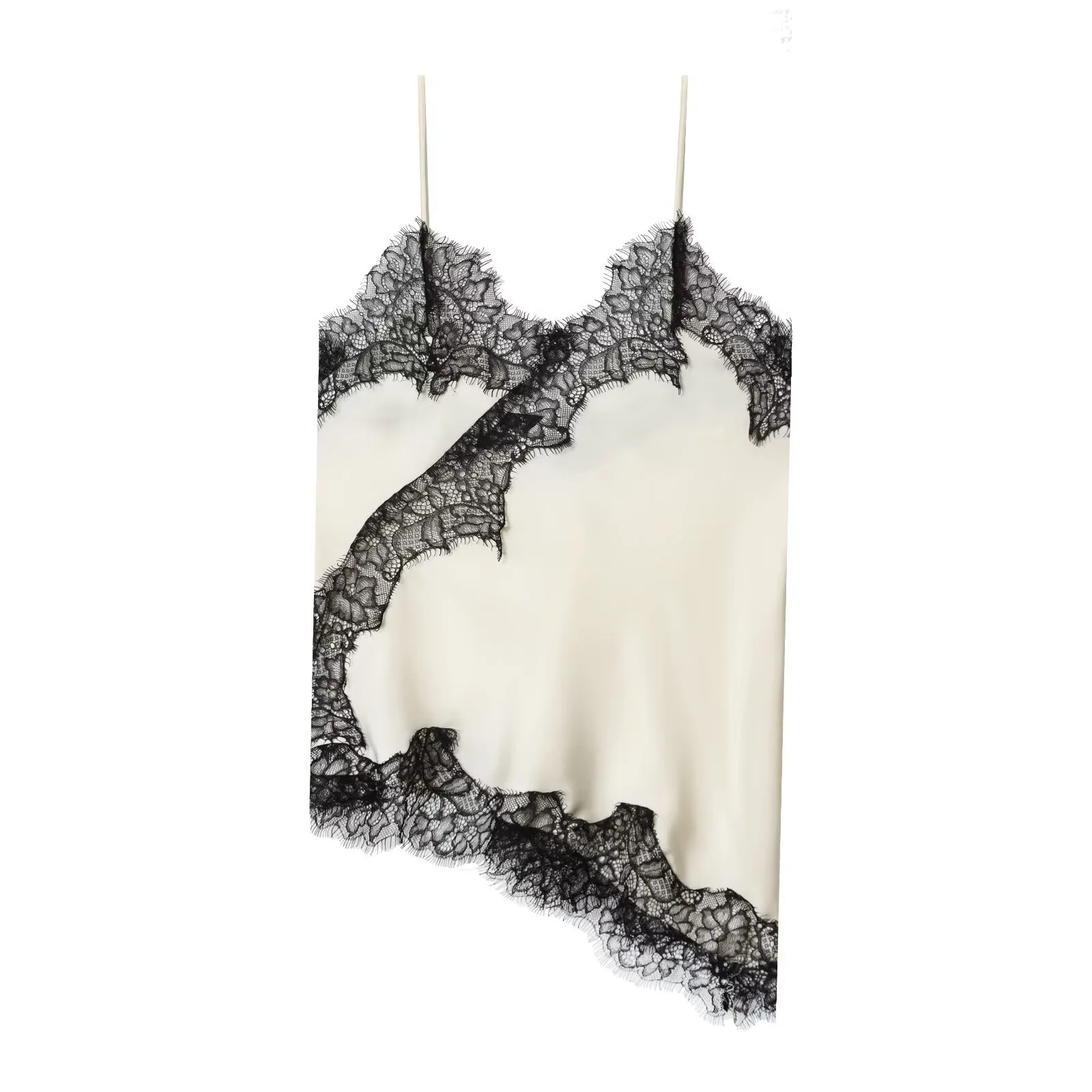 HH Damen Elegantes Spitzen-Camisole-Top mit Spaghettiträgern, Spitzenbesatz, V-Ausschnitt und unregelmäßigem Saum – Sommer 2026 für Hochzeiten und Partys – Detail 3