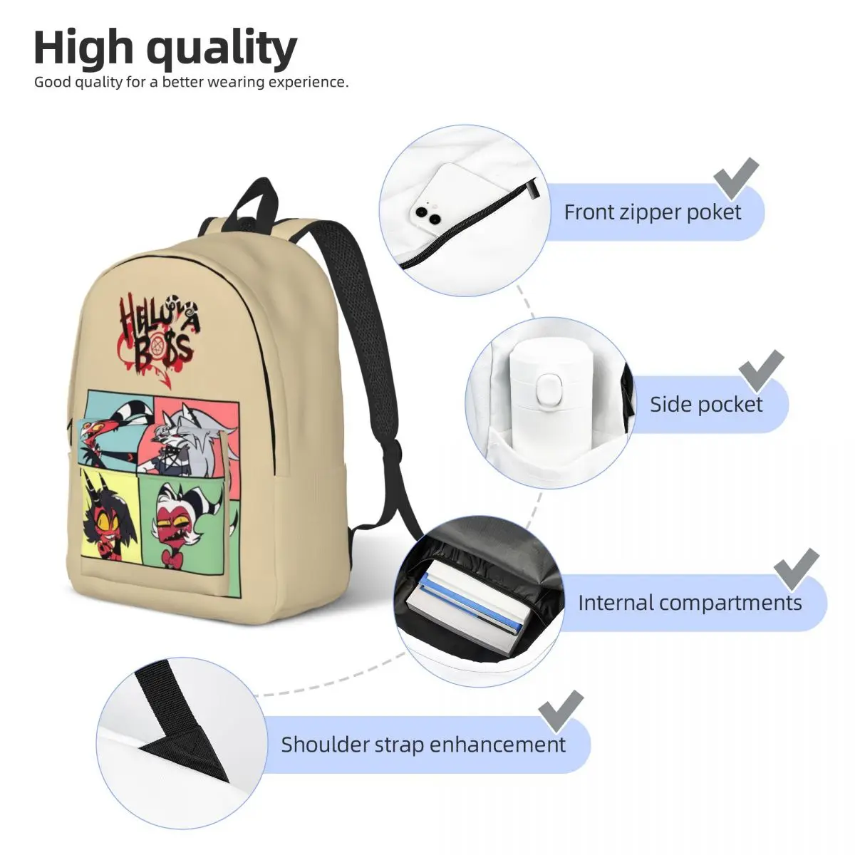 Helluva Boss Square-Frame Hazbin Hotels Backpack Lightweight High School Hiking Travel Daypack for Men Women Laptop Canvas Bags