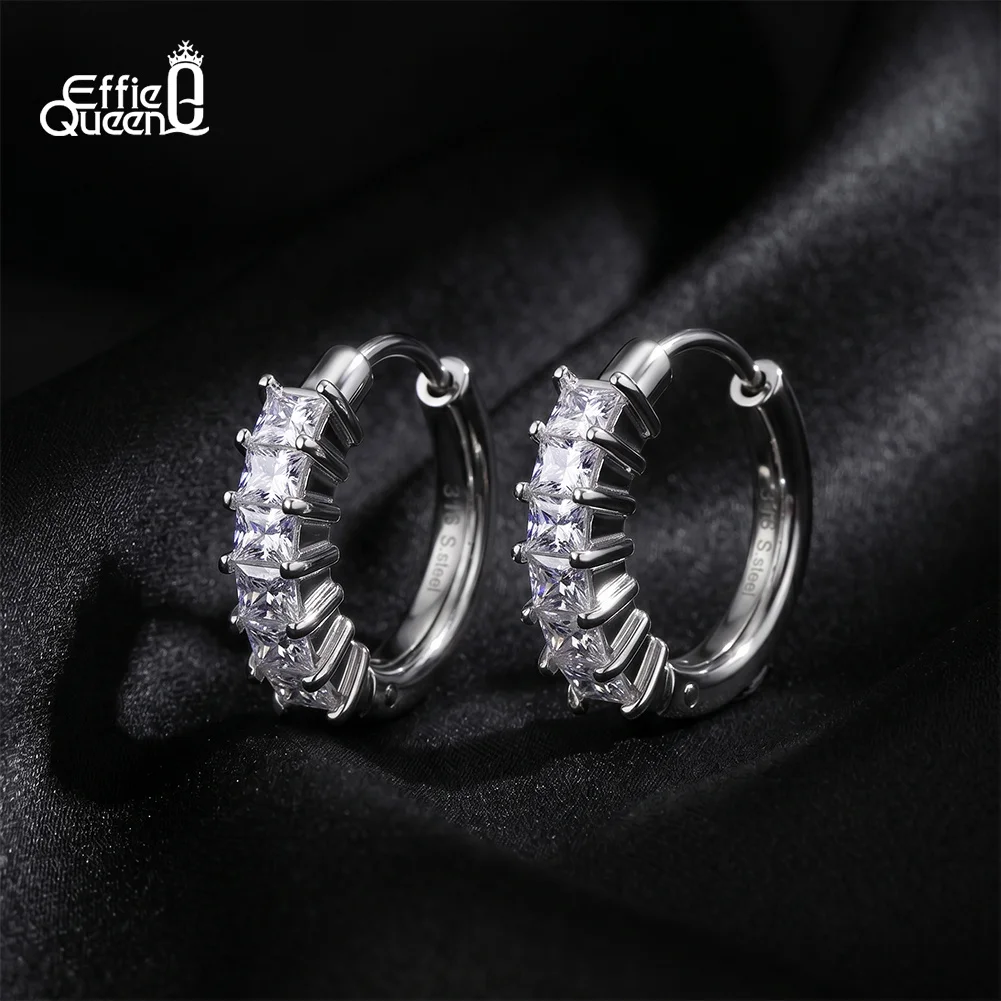 Effie Queen Fashion CZ Circle Hoop Earrings for Women Simple Zirconia Stainless Steel Piercing Earring Trendy Jewelry HTKE04
