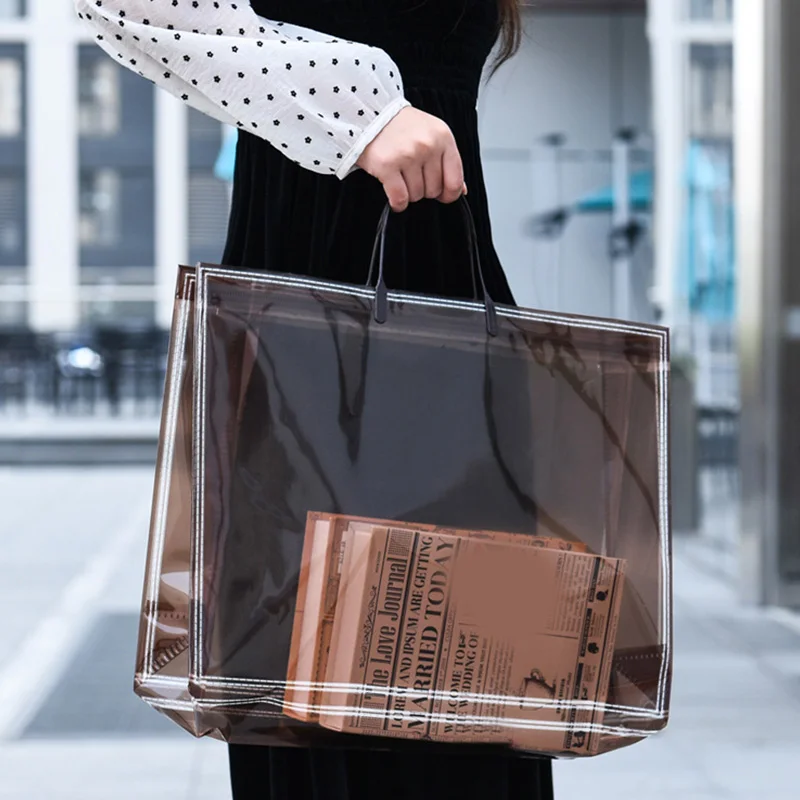 Brown Clear Tote Bag Transparent Shopping Bags Shoulder Handbag PVC Waterproof Storage Bag for Gift Cosmetic Plastic Bags 4 Size