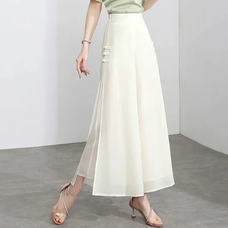 

Summer Chiffon Wide Leg Skirt Pants Women's Split Casual Palazzo Pants Elastic High Waist Ladies Drape A-line Flare Trousers 6XL