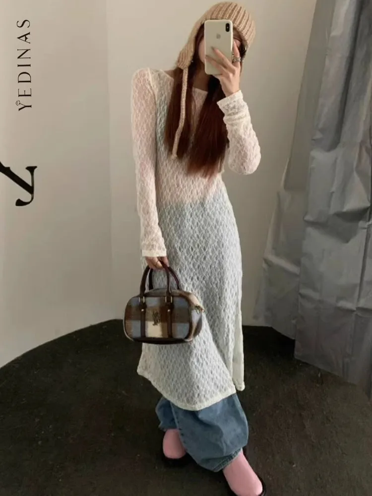 Yedinas Korean Fashion See-through Lace Dress Women Clothing Long Sleeve Streetwear Sheer Spring 2024 Party Dress Chic Vestidos