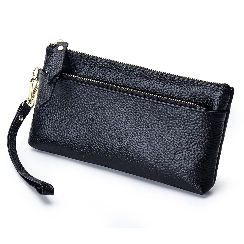 Bolso de mano para mujer, bolso de mano de piel auténtica, cartera larga para teléfono móvil, bolso Vintage, pulseras de viaje con doble cremallera