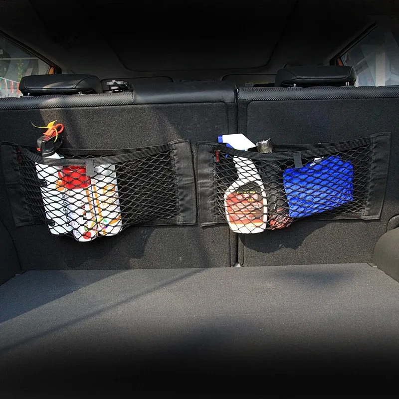Car Trunk Mesh Rear Seat Storage Bag  Auto Organizer Double-deck Elastic String Net Magic Sticker Pocket Bag Car Trunk Organizer