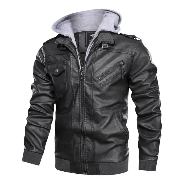 Autumn Detachable Hat Casual Leather Clothing Biker Leather Jacket Men Zipper Pu Jacket Hooded Autumn Locomotive Coat