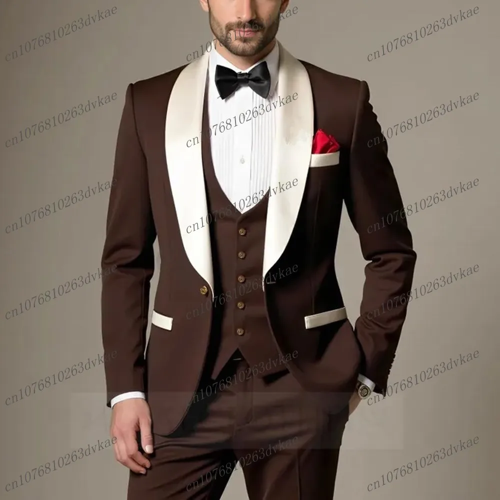 

New White Collar Brown Formal Men Suit Groom Groomsman Wedding Party Prom Business Male Tuxedos 3 Piece Set Blazer Vest Pants