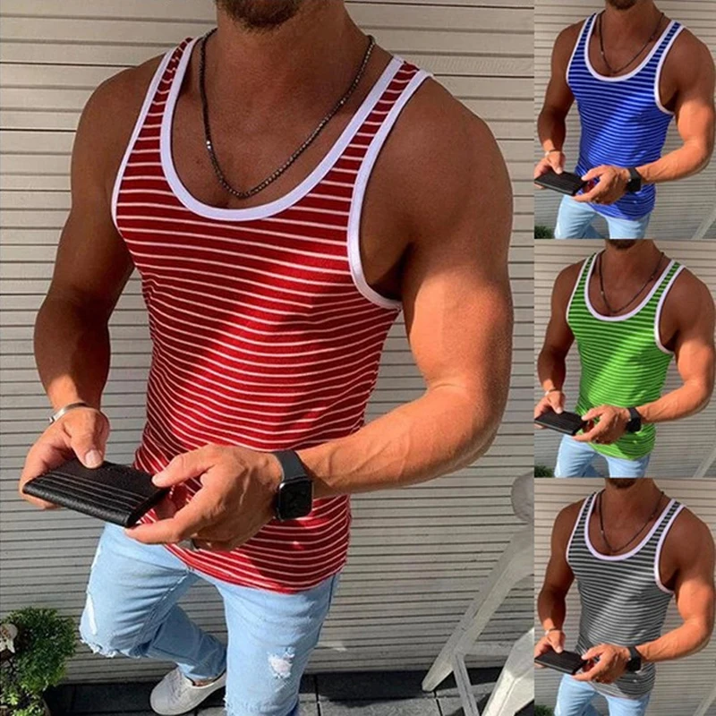 

Men's Gym Fitness Vest Fashion Striped Round Neck Casual Tank Tops Outdoor Running Cycling Muscle Bodybuilding T-shirt