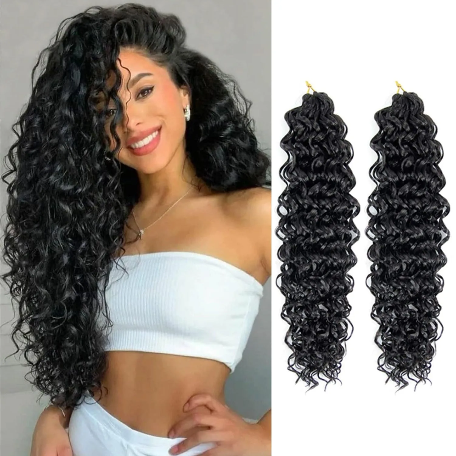 

Волнистые волосы Water Wave Feather Crochet: натуральные, плотные, кудрявые, предварительно разделенные, без узлов, с петлями для плетения кос.