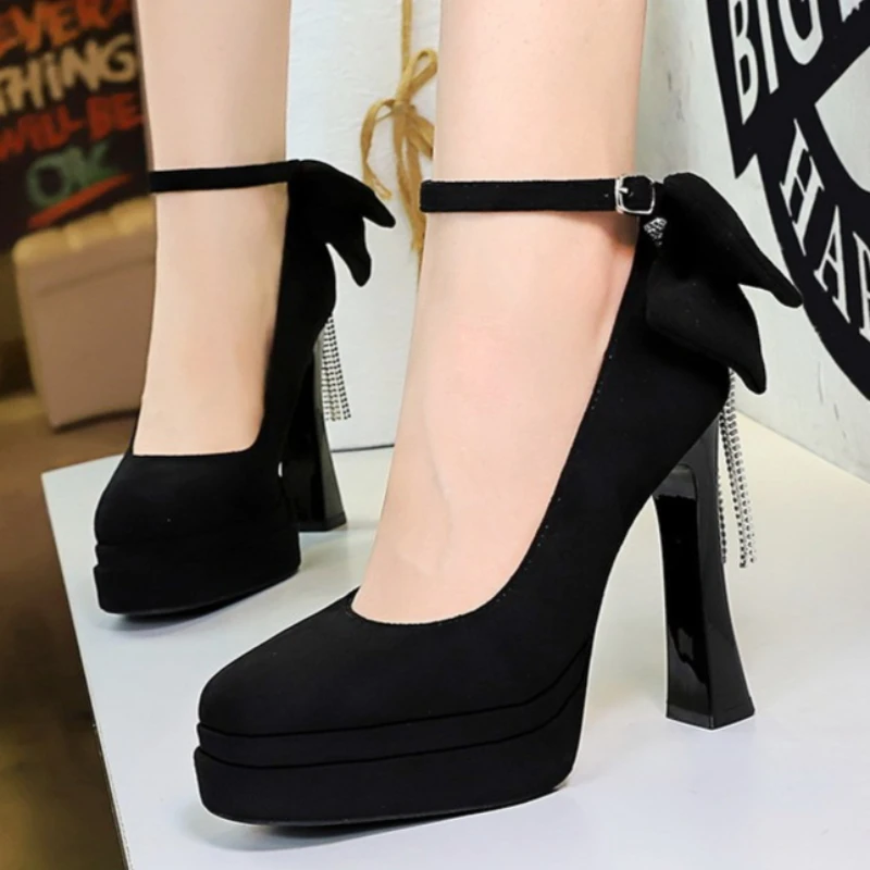 High Heels Women 2026 Summer New Fashion Suede Face Pointed Toe High Heel Sandals Bow One Word Buckle Thick Heel Women's Shoes view 5