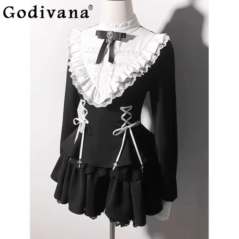 

Lolita Dress Black Shorts Two Piece Set for Women Lolita Waist Cinching Lace Patchwork Dress Girls Lace Up Gothic Dress