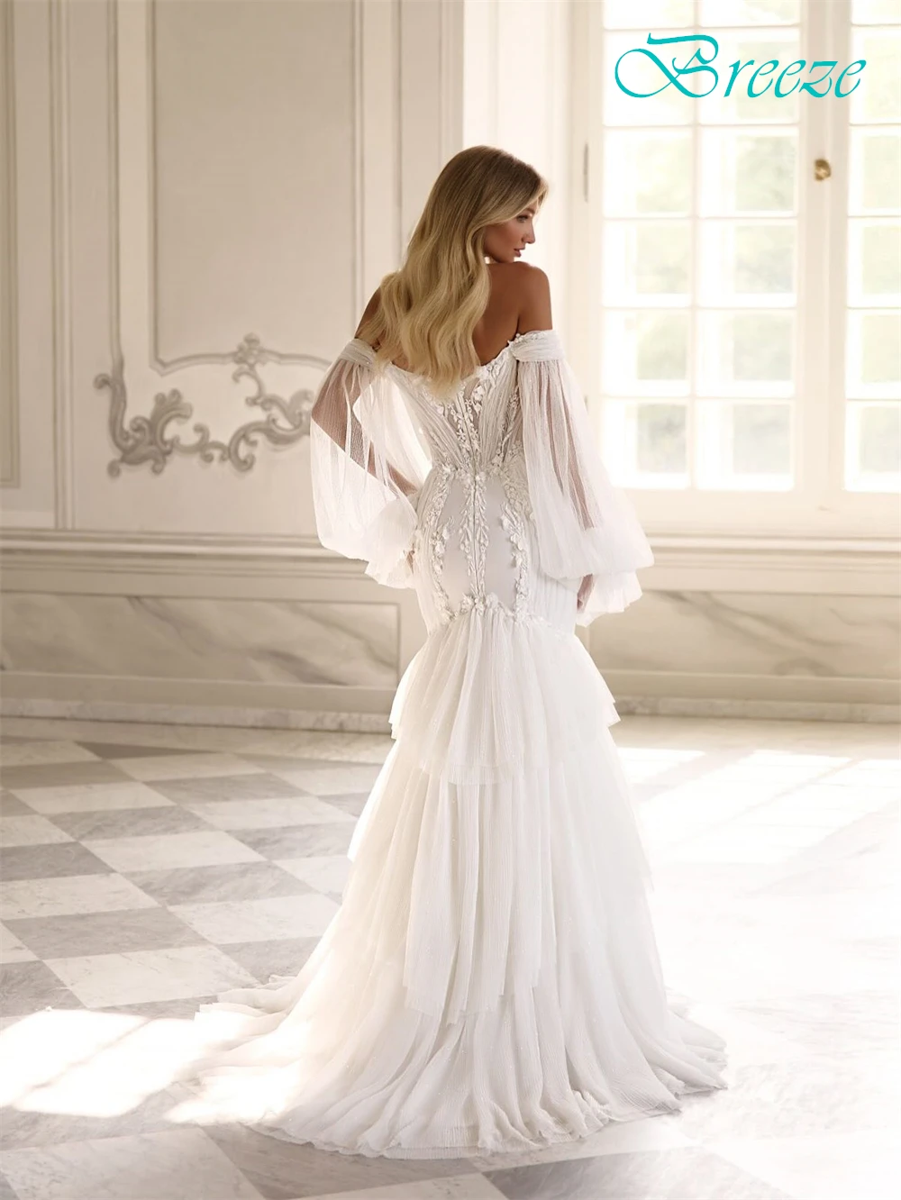 Aangepaste zachte witte chiffon trouwjurk formele lieverd lange mouwen bruidsjurken boho zeemeermin sweep trein robe de mariée