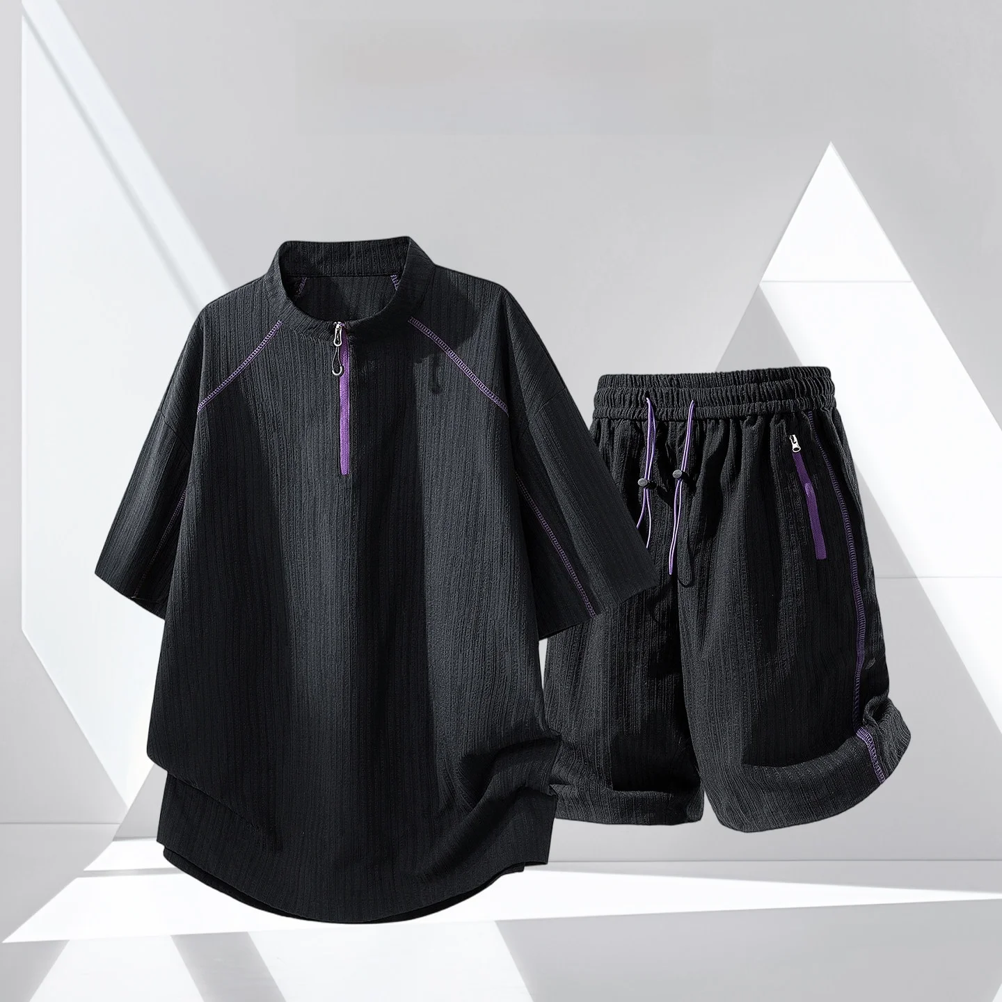 Conjunto Esportivo Casual Americano Wassup Glory para Homens, Camiseta de Verão com Textura e Zíper Lateral, Conjunto de Duas...
