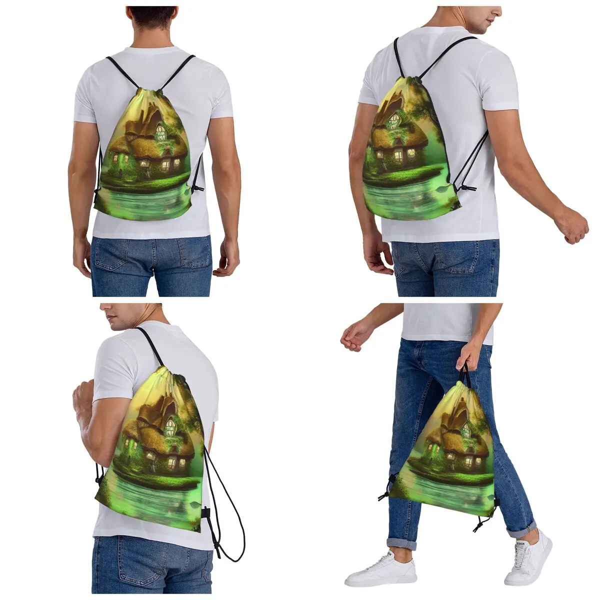 Fantasy House In A Greenery Scene Backpacks Portable Drawstring Bundle Pocket Sports Bag Book Bags for Man Woman School