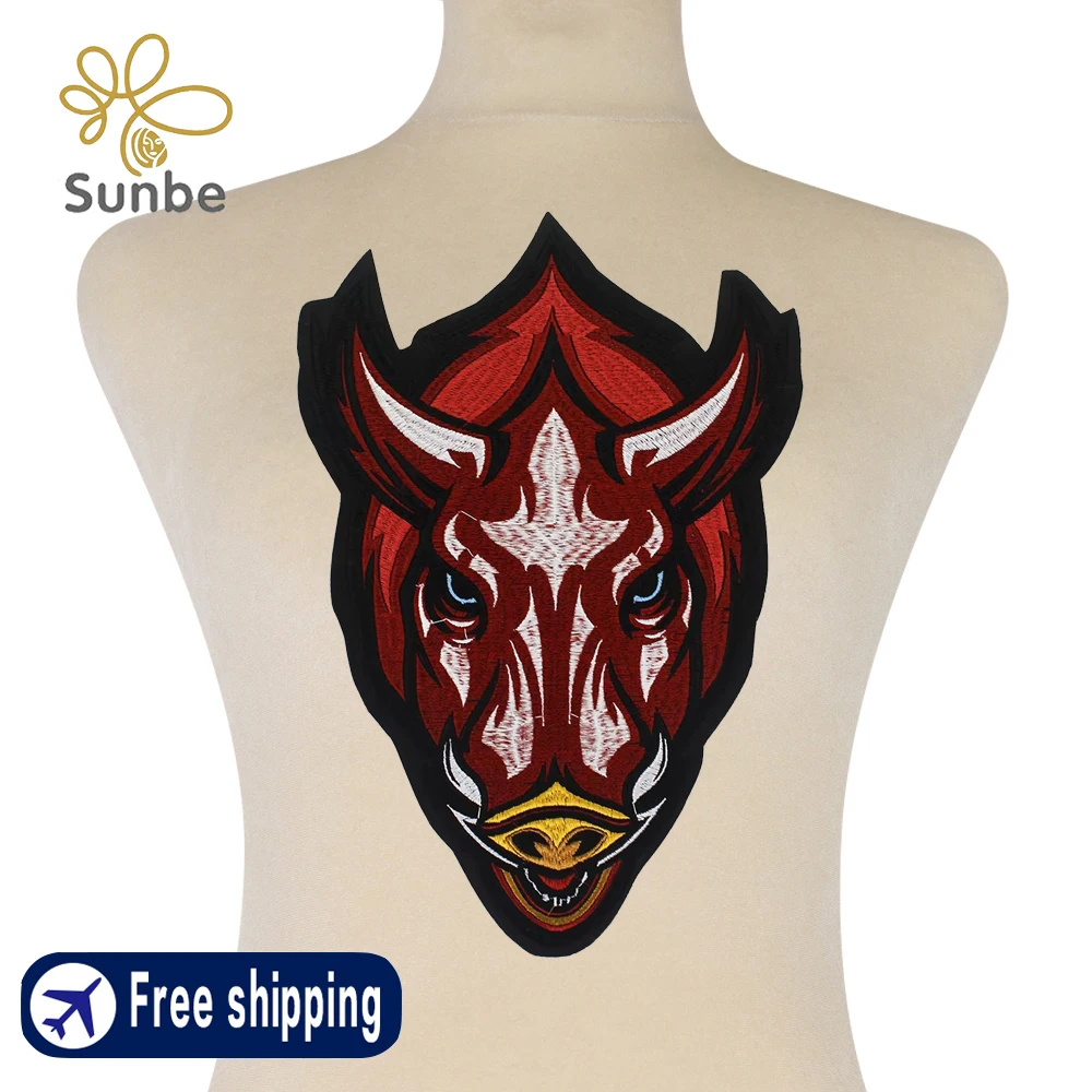 Red OX Bull Head Iron on Patches for Jeans Biker Punk Jacket Back Stickers Embroidery Applique Badge