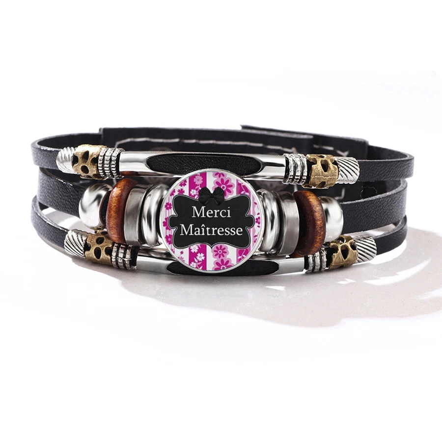 Retro Wooden Bead Leather Bracelet Classic Merci Maîtresse Text Pink Floral Dome Ornament Educator Thank You Wrist Gift