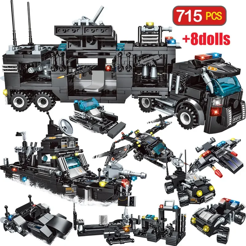 

SWAT City Police Station Building Blocks Vehicle Car Fighting Robot Helicopter Blocks Educational Toy for Children Gift Birthday
