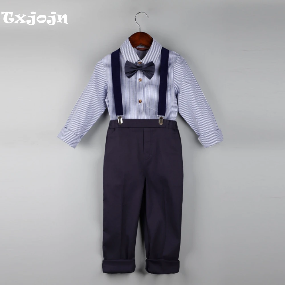 

Classic Elegant Kids Striped Shirt Pants With Straps Bow-tie 4 Pieces Piano Contest Performance 2026 Newest Overalls Set On Sale